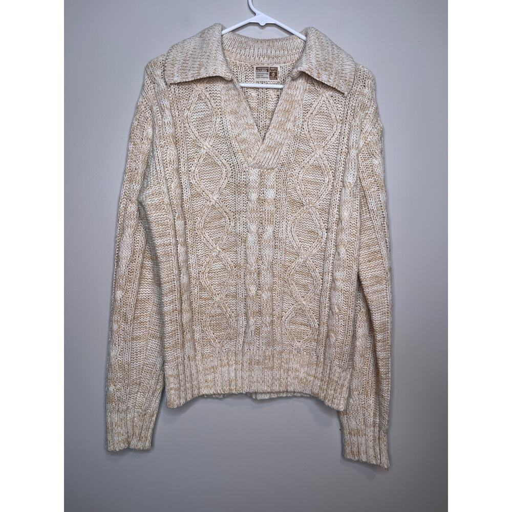 1970s Montgomery Ward Cream Oatmeal Cable Knit Acrylic Collared Sweater M